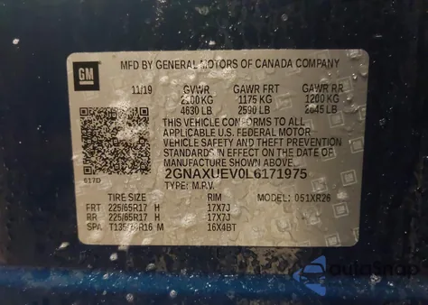 2020 Chevrolet Equinox Awd Lt 1.5L Turbo z USA, uszkodzony, nr VIN 2GNAXUEV0L6171975